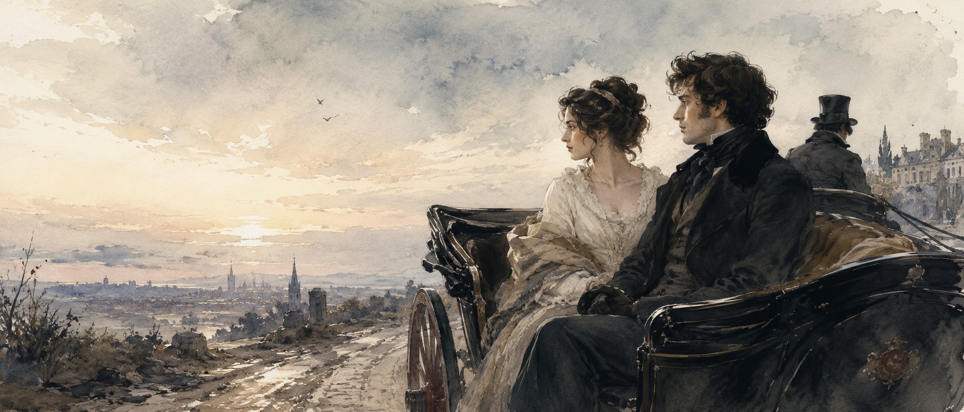 Adolphe et Ellénore en calèche — illustration aquarelle
